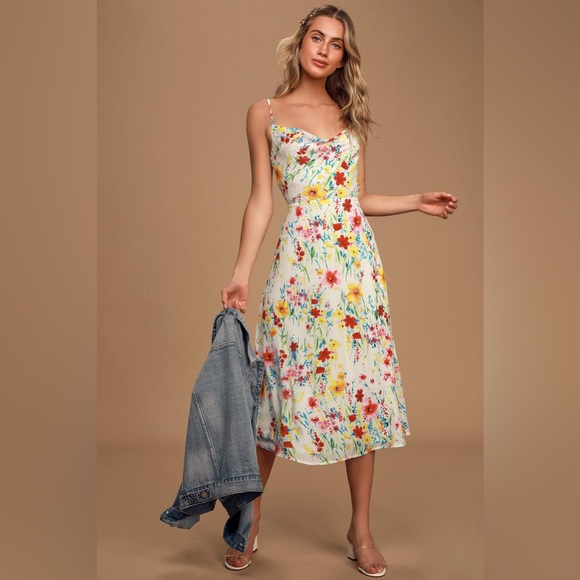 Lulus Dresses & Skirts - Lulu’s Blooming Beauty White Floral Print Cowl Neck Midi Dress
